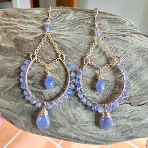 Tanzanite gemstone gold handmade chandelier earrings