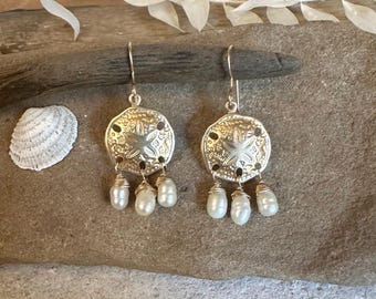 Freshwater pearl gold sand dollar charm handmade dangle earrings