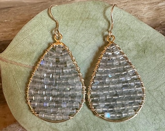 Labradorite gemstone gold teardrop hoop earrings