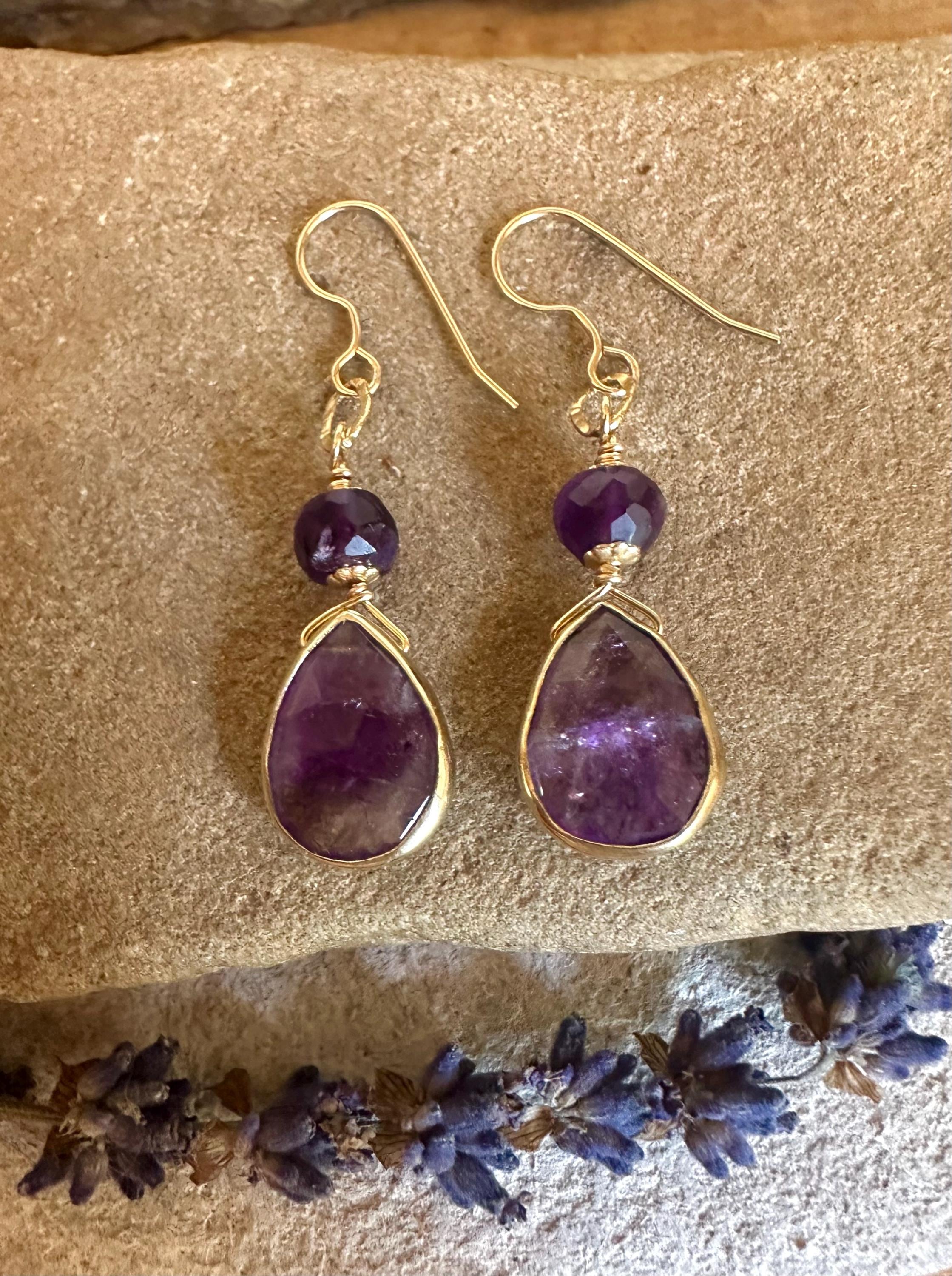 Amethyst gemstone gold handmade dangle earrings