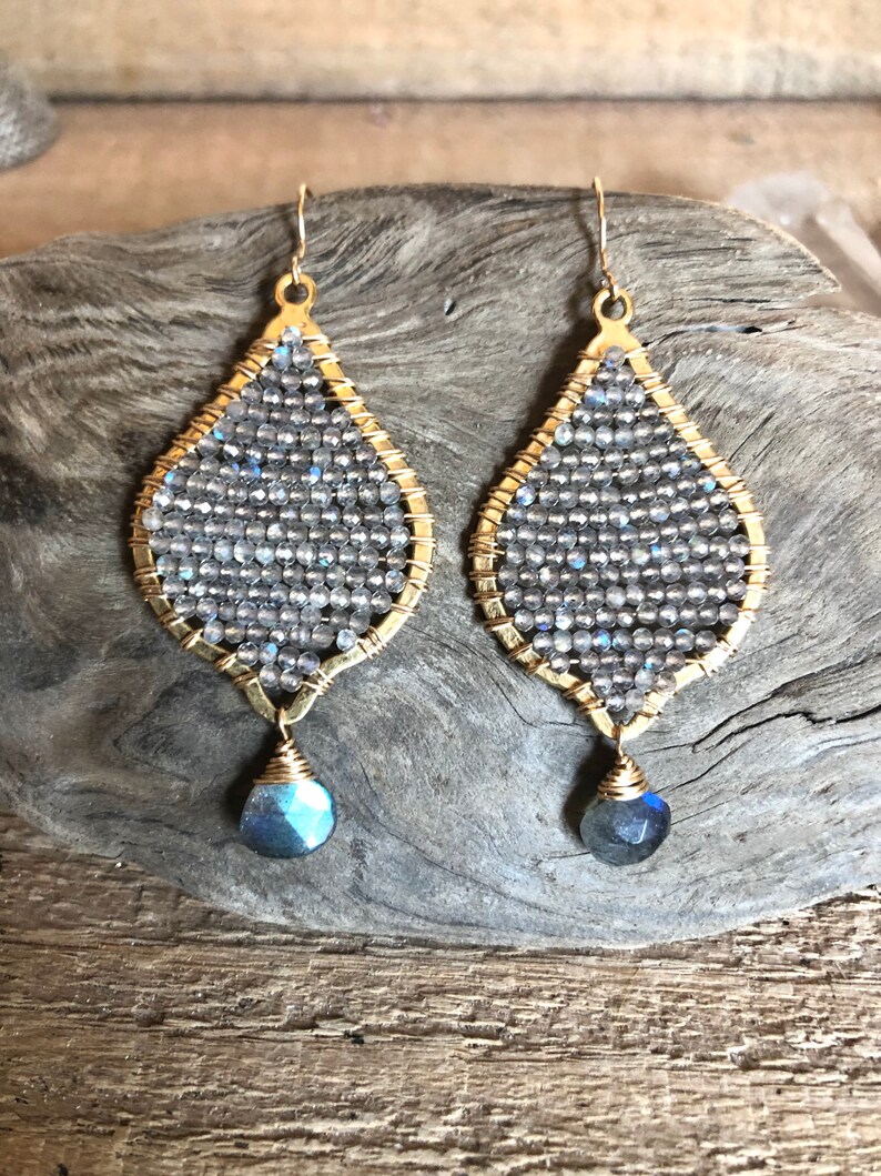 Gold hoop shops statement earrings with faceted labradorite gemstones