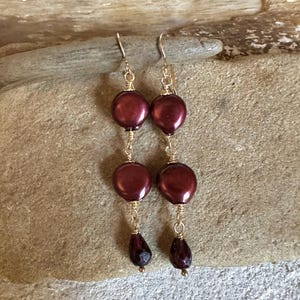 Garnet gemstone and freshwater pearl gold handmade dangle earrings