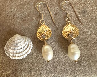 Freshwater pearl gold handmade sand dollar charm dangle earrings