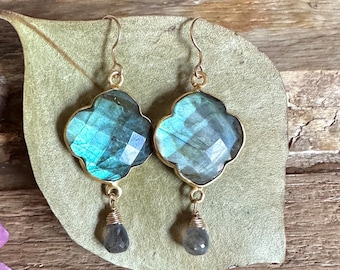Labradorite gemstone clover gold handmade dangle earrings