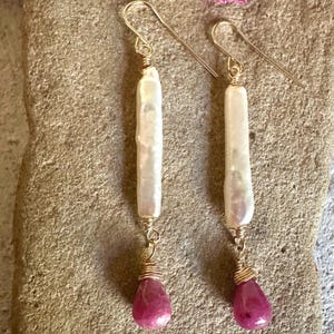 Ruby and freshwater pearl gemstone gold handmade dangle earrings