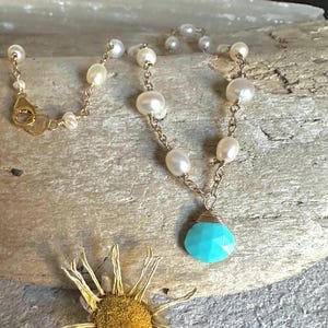 Freshwater pearl and turquoise gemstone gold pendant handmade necklace
