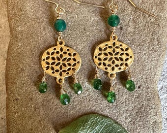 Tsavorite garnet gemstone gold handmade chandelier earrings