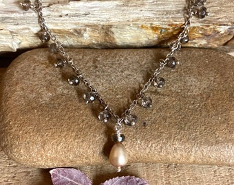 Smoky quartz gemstone and freshwater pearl silver dangle necklace