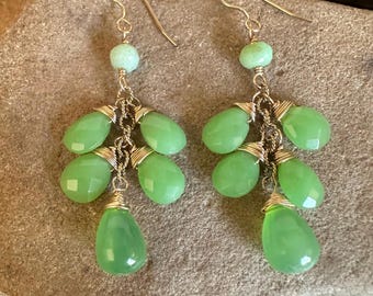 Chrysoprase gemstone gold handmade dangle earrings