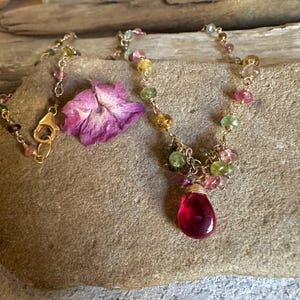 Tourmaline and rubellite gemstone gold handmade pendant necklace