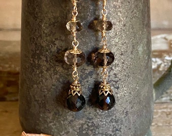 Smoky quartz gemstone gold dangle earrings