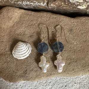 Freshwater pearl and kyanite gemstone gold cross handmade dangle earrings