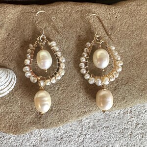 Freshwater pearl gold handmade hoop earrings