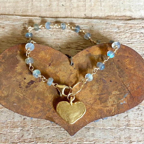 Labradorite gemstone gold heart charm bracelet