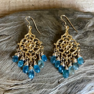 Moss aquamarine gemstone gold chandelier earrings