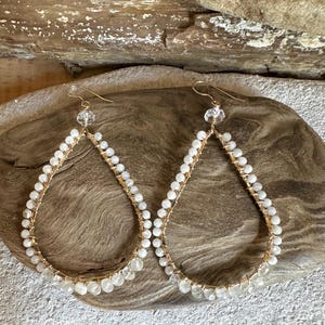 Moonstone and quartz crystal gemstone gold hoop handmade earrings