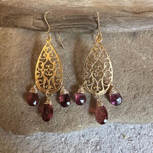 Garnet gemstone gold handmade dangle earrings