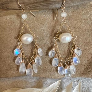 Moonstone gemstone and freshwater pearl gold handmade chandelier earrings
