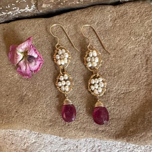Freshwater Pearl and ruby gemstone gold dangle earrings