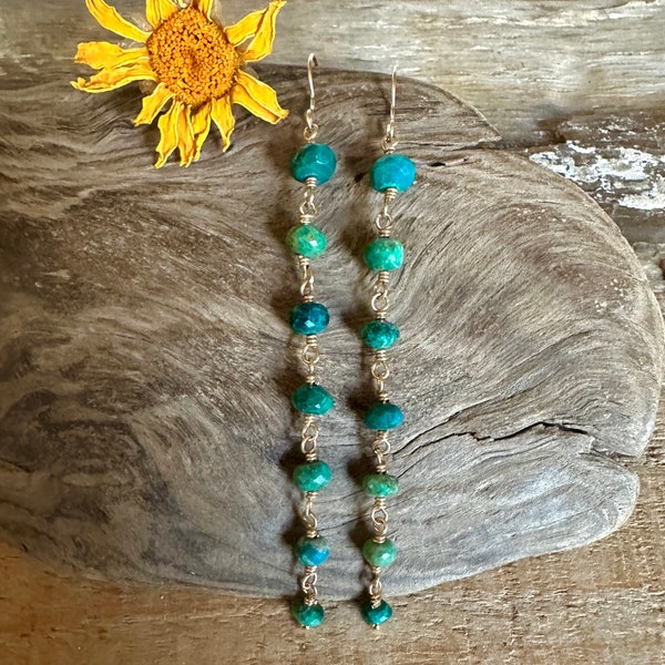 Chrysocolla gemstone gold dangle earrings