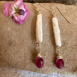 Freshwater Pearl and ruby gemstone gold dangle earrings