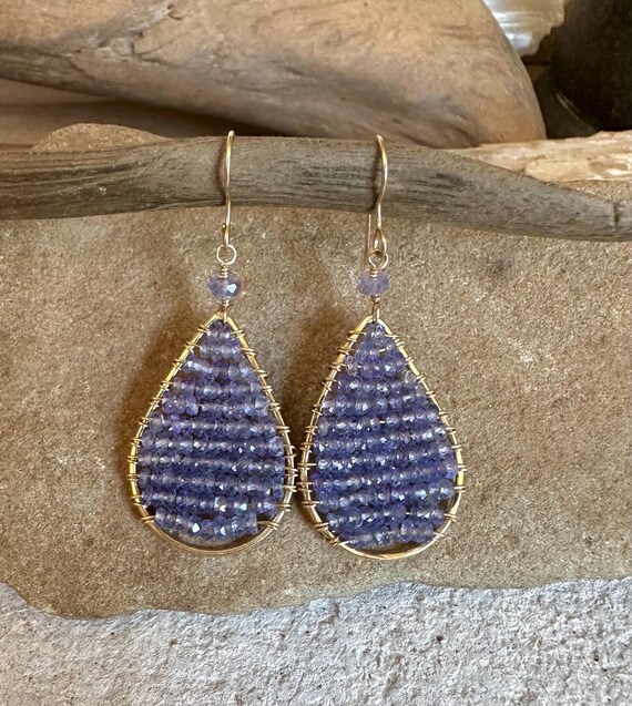 Tanzanite gemstone gold teardrop handmade hoop earrings