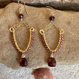 Garnet genstone gold handmade chandelier earrings