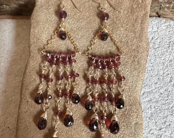 Garnet gemstone gold handmade chandelier earrings