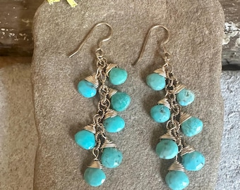 Turquoise gemstone gold handmade dangle earrings