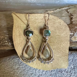 Labradorite gemstone silver hoop handmade earrings