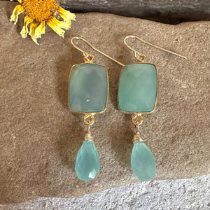 Chalcedony gemstone gold handmade dangle earrings
