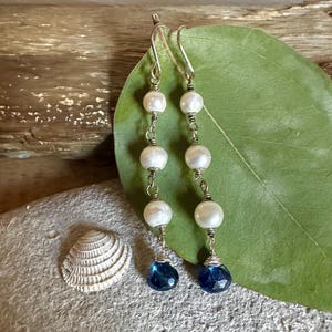Freshwater pearl and kyanite gemstone sterling silver handmade dangle earrings