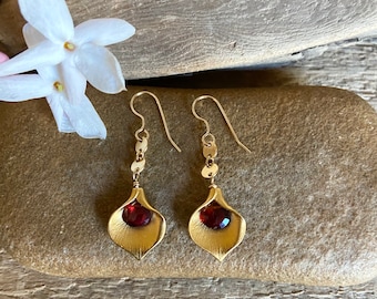 Garnet gemstone gold lily flower handmade dangle earrings