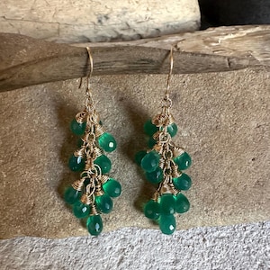 Green onyx gemstone gold dangle earrings