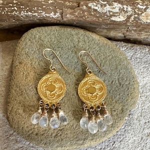 Moonstone gemstone gold handmade chandelier earrings