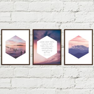 Printable Photography Art Pink Purple Sky Nature Set of 3 in Three Sizes 8x10,11x14,16x20 JPGs Home Decor Mountains Ocean Sea Sky