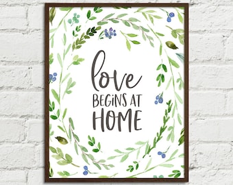 Love Begins at Home Digital Art Printable Sign - Watercolor Greenery Wreath 8x10, 11x14 & 16x20 JPGs Home Decor - Housewarming Gift