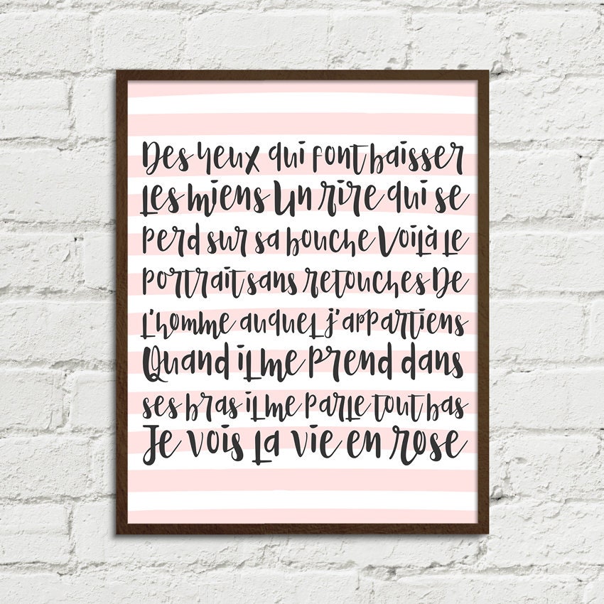 La Vie En Rose French Love Song Lyrics Art Printable 8x10, 11x14, 16x20