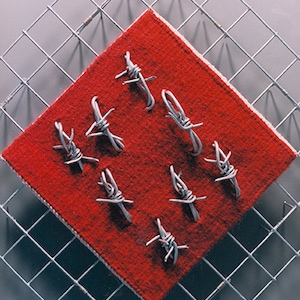 Könnte beinhalten: Ein quadratisches Stück roter Stoff mit neun daran befestigten Stacheldrahtstücken. Der Stoff wird auf einem silbernen Drahtgitterhintergrund präsentiert.
