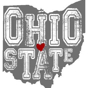 Puede incluir: Un contorno gris del estado de Ohio con las palabras "OHIO STATE" en texto blanco y un corazón rojo en el centro.