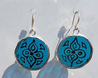 Hand painted Stained Glass Earrings - Teal