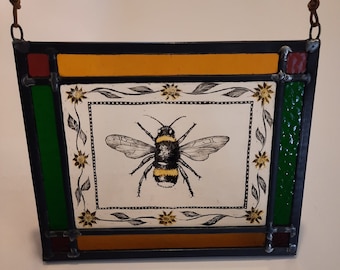 Stained Glass Window Panel Sun catcher - Hand Painted Bumble Bee