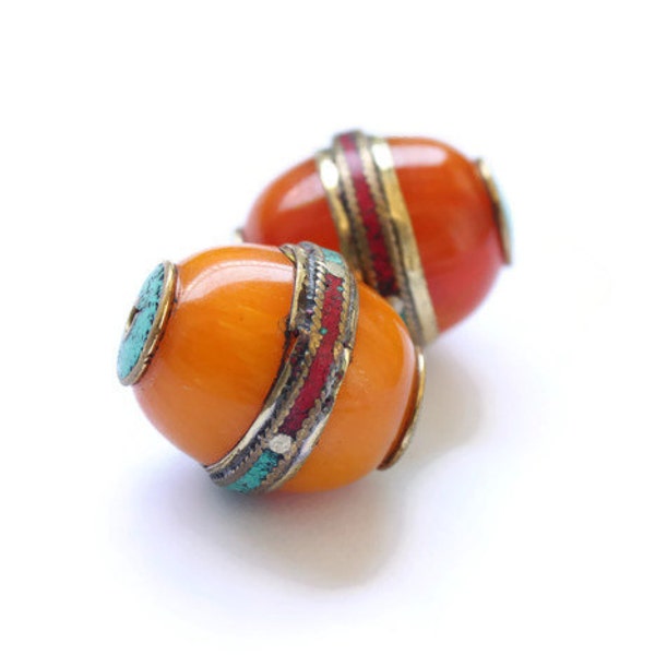 One Tibetan Amber Resin Bead - Brass Banded Amber - Turquoise and Coral Inlay - Large Bead - Focal - Ethnic Bead - Handmade - Jewelry Supply