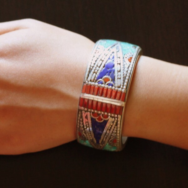 Vintage Tibetan Cuff Bracelet - Lapis, Coral, Turquoise Inlay - Traditional Tibetan Bracelet - Ethnic Jewelry - Antique Piece