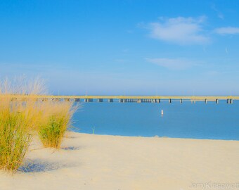 Beach Photography - Blue Water - Yellow Dune Grass - Blue Sky - Ocean City, Maryland - Coastal Home Decor - Beach Cottage Home Decor - 11x20