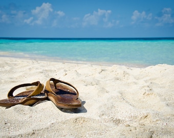 Tropical Beach Photo, Beach Decor, Landscape Photo, Flip Flops, Caribbean, Belize, Coastal Prints, Fine Art Photography, Blue, Aqua, Topaz