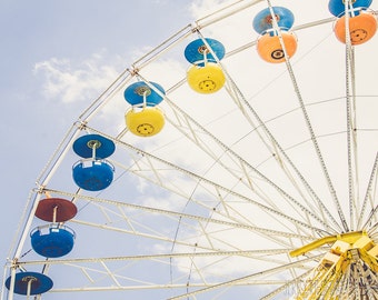 Ferris Wheel Photo, Carnival Photography, Nursery Decor, Ocean City, Maryland, Fine Art Photography, Blue, Green Red, Yellow, Retro Print