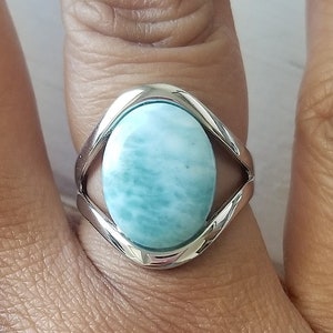 Large Oval Larimar ring- Size 7 -925 Sterling Silver -  Dominican Larimar - Calming Stone - healing stone- Statement ring