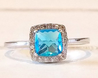Bague avec topaze bleue taille coussin et halo en argent sterling 925 - Bague de promesse - Cadeau parfait-