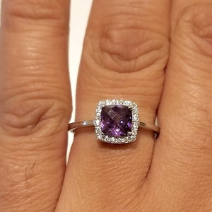 Cushion cut Amethyst Cz Ring with cz Halo 925 Sterling Silver - Promise Ring - Perfect gift - February Birthstone